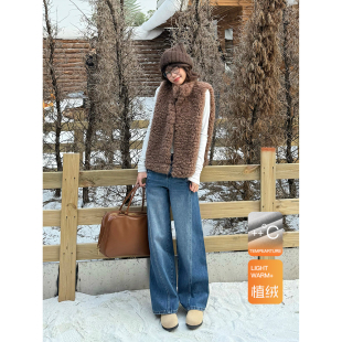 王家有鱼加绒复古蓝阔腿弯刀牛仔裤女2025秋冬新款显瘦垂感拖地裤