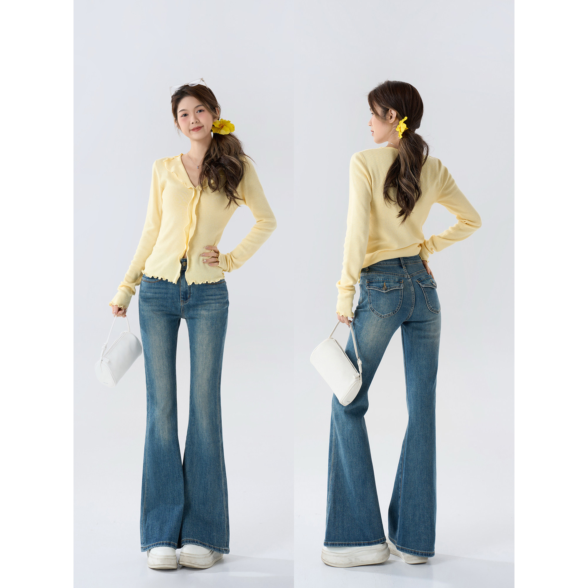 王家有鱼2026早春新款复古微喇裤翻盖口袋设计牛仔裤女款气质显瘦