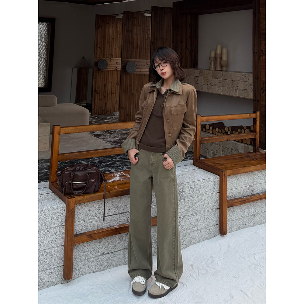 王家有鱼橄榄绿高腰阔腿牛仔裤女2025秋季新款显瘦直筒拖地裤子女