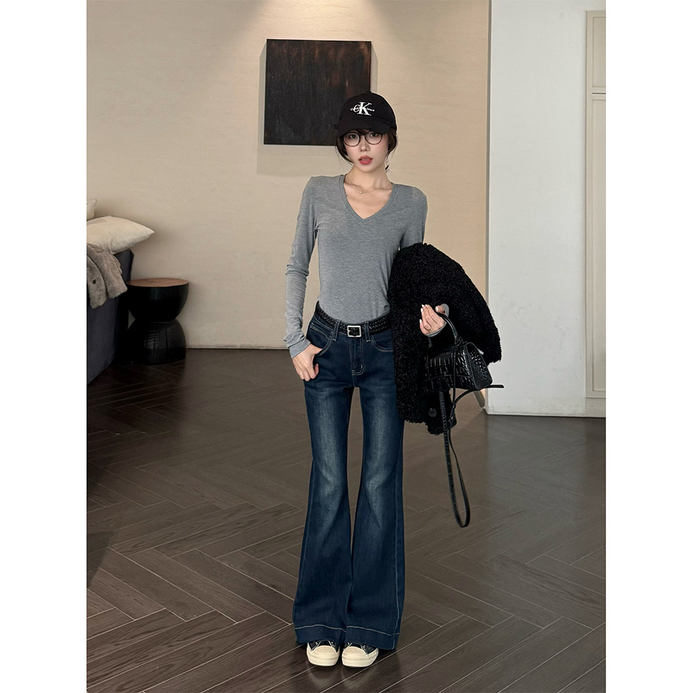 王家有鱼美式复古微喇牛仔裤女2025春季新款低腰显瘦百搭喇叭裤子