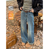 王家有鱼秋冬新款 子女 显瘦宽松直筒牛仔裤 加绒阔腿裤 2025百搭修身