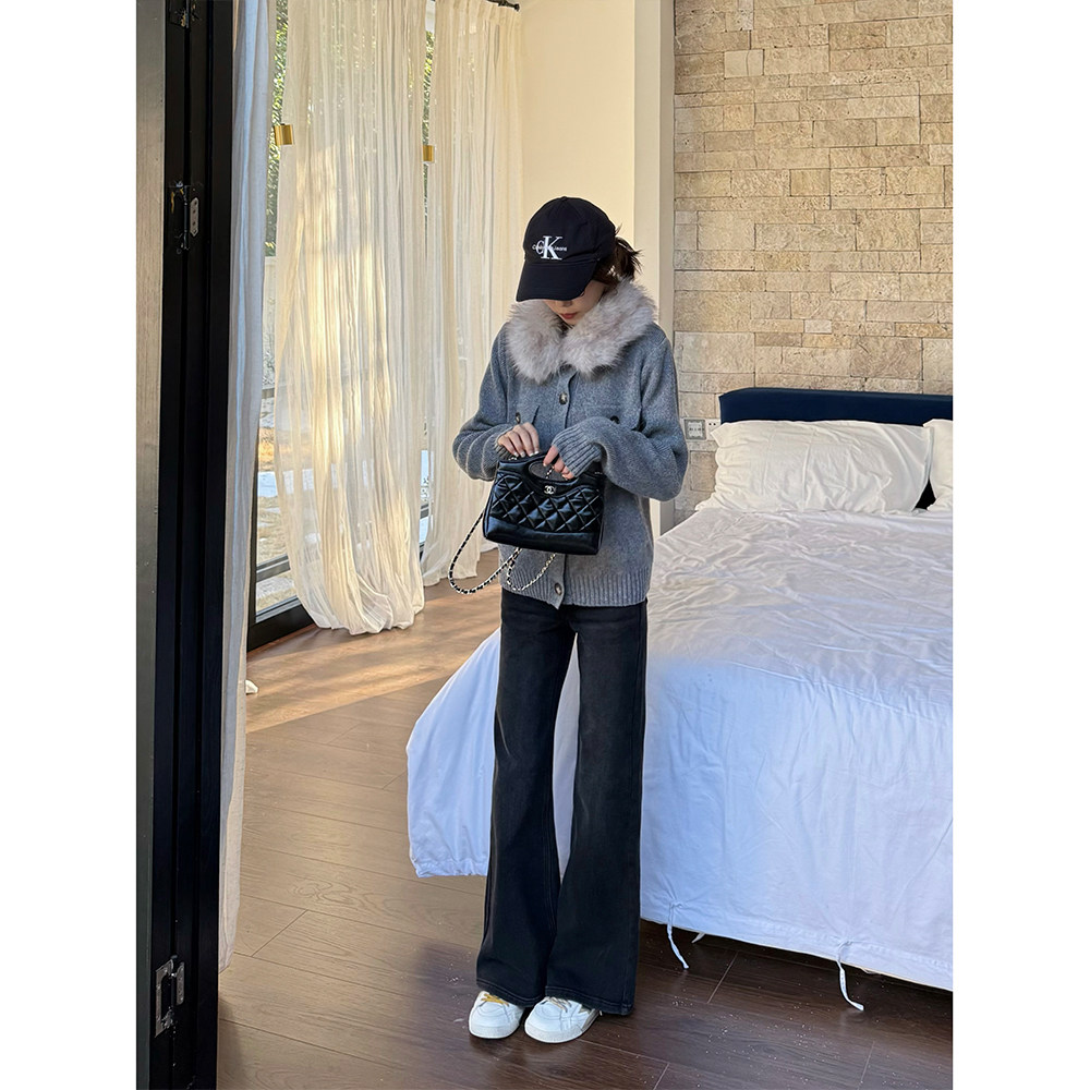 王家有鱼黑灰微喇裤爆款时尚显瘦女2025新款百搭牛仔裤子日常长裤