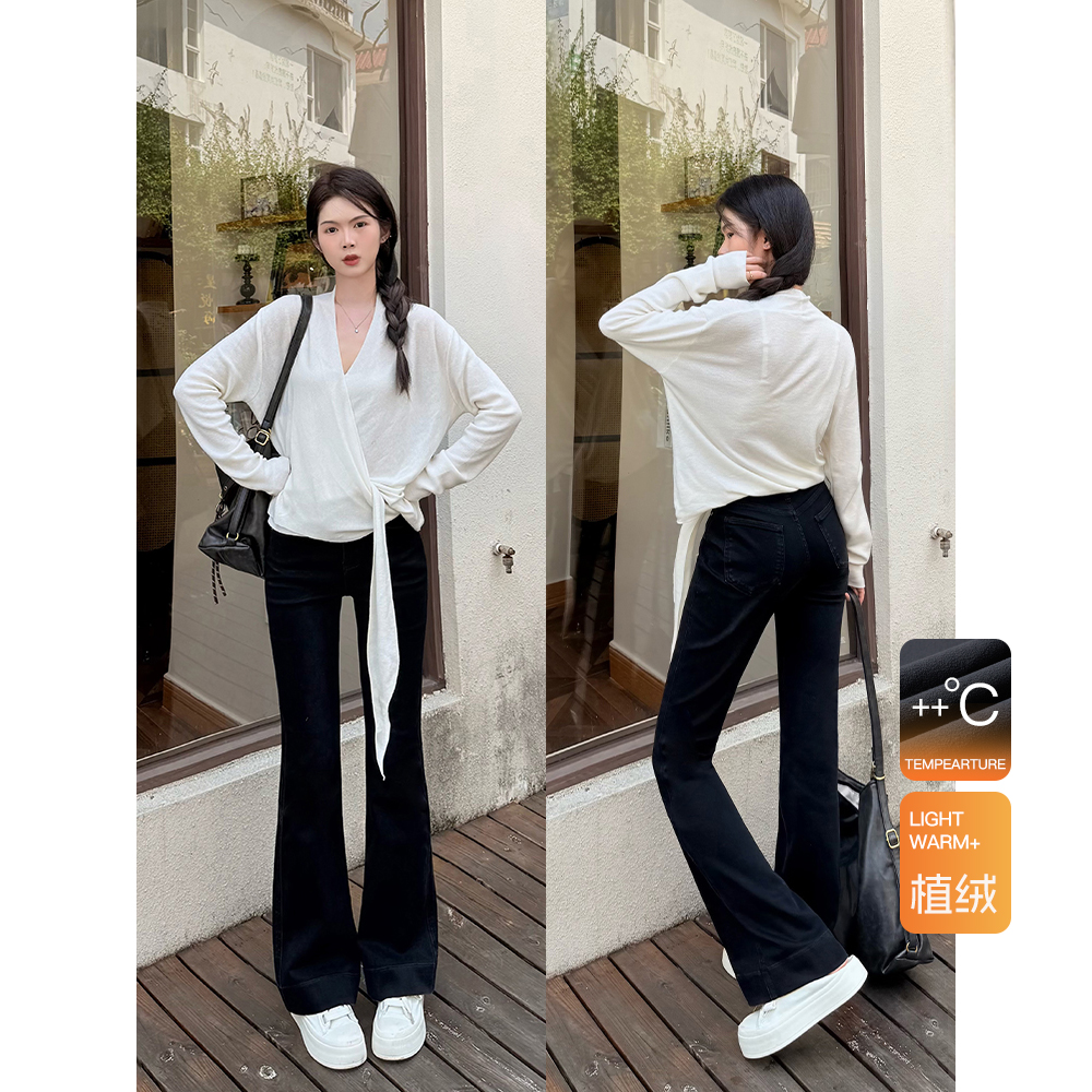 王家有鱼秋冬爆款加绒微喇牛仔裤