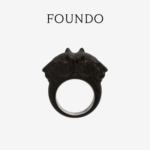 FOUNDO黑檀木双豹头木银戒指