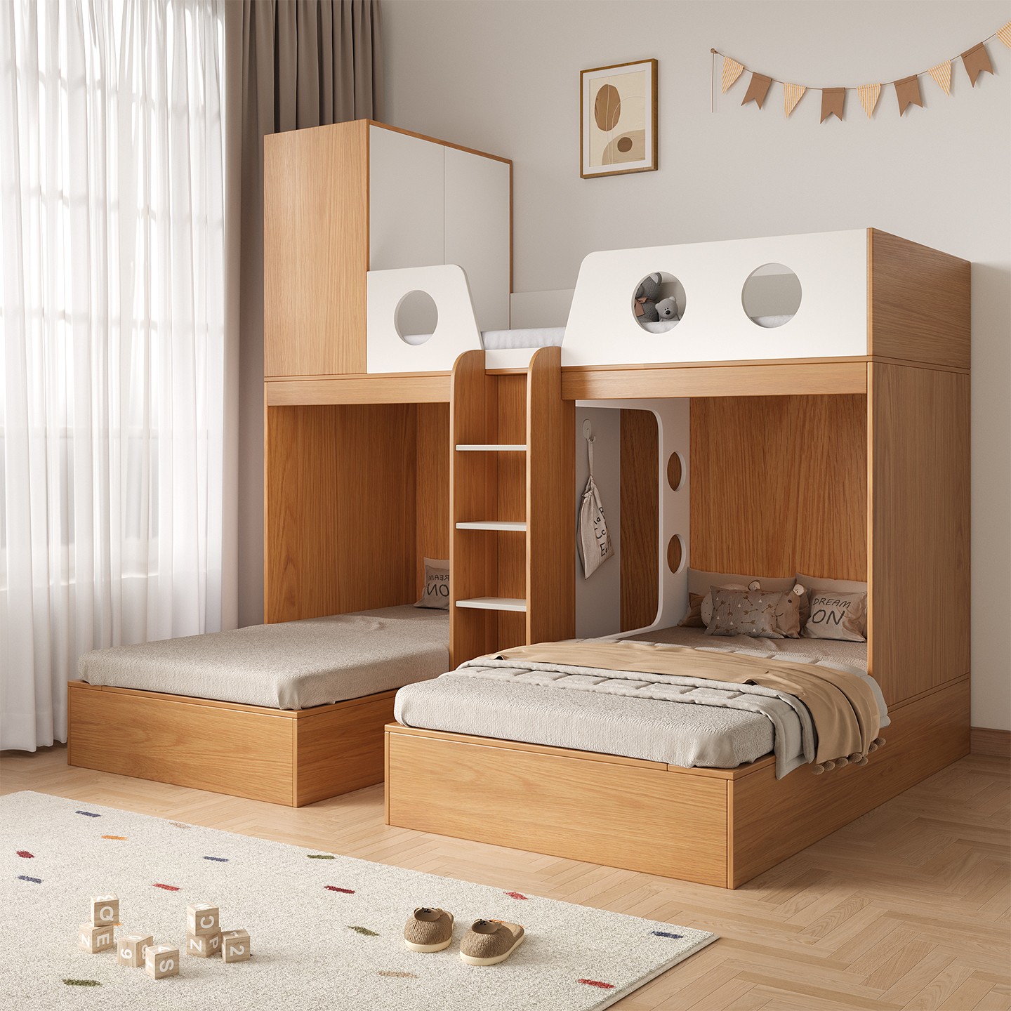 小户型高箱床简约风多功能儿童高低床互不打扰三人错位双层子母床