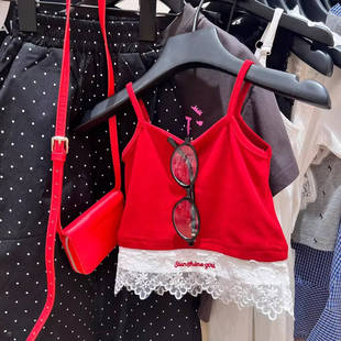 紅色吊帶2025寶寶新款 女童夏季 韓系穿搭洋氣時髦花邊刺繡外穿