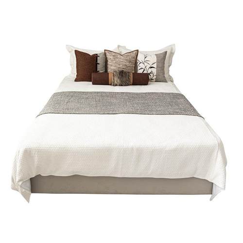 新中式样板房间床上靠枕床旗床尾巾搭毯软装床品多件套灰色棕色系