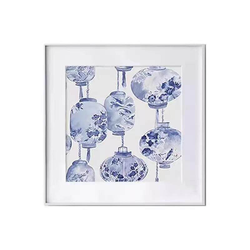 《青花灯笼》新中式装饰画客厅餐厅静物油画玄关柜背景墙方形挂画