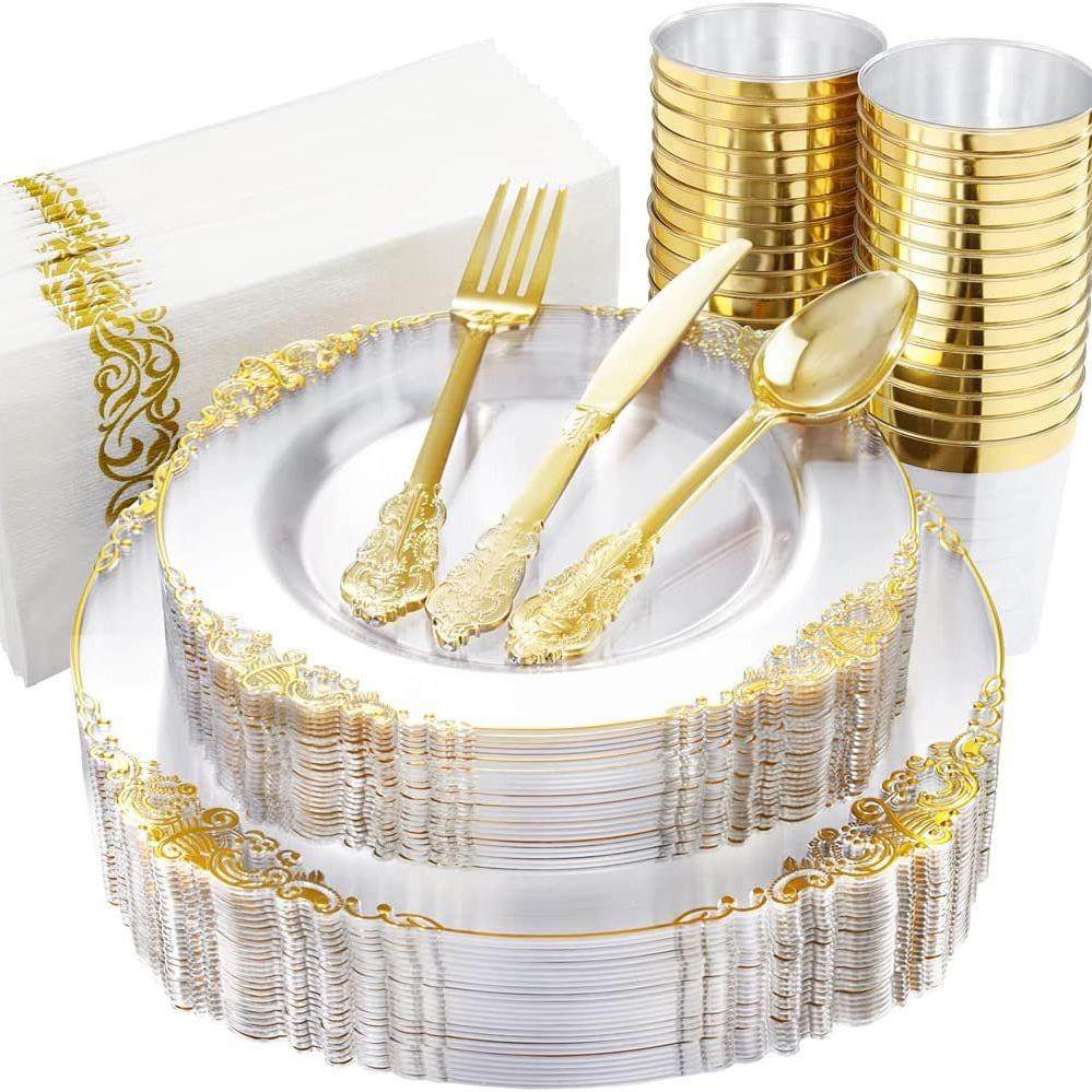 175个套装外贸一次性餐盘新款浮雕龙纹金边盘酒杯刀叉勺PS硬塑料