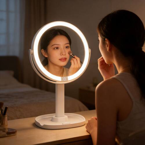 台式带灯双面化妆镜LED桌面美颜镜5X10X放大镜子360度收纳旋转镜