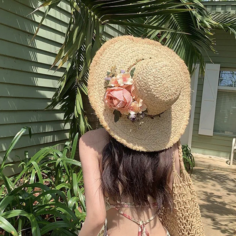 日本花朵手工编织拉菲草帽女夏季法式大檐遮阳防晒帽海边度假太阳