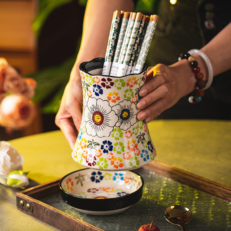 手绘筷子筒家用陶瓷沥水快免打孔笼厨房桶刀叉收纳盒篓繁花图案