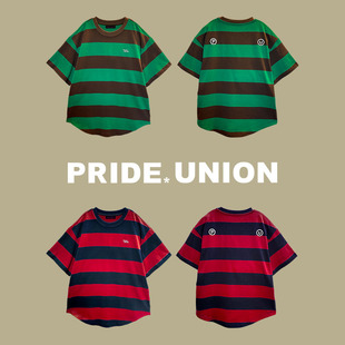 PRIDE UNION 撞色条纹立体LOGO圆弧下摆纯棉针织短袖 T恤初秋新品