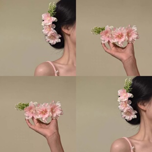 花房少女~仙贤遥春日甜美粉色花朵发梳新中式盘发插梳头饰发卡女