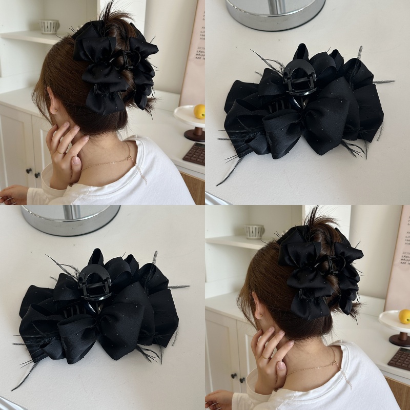 黑色羽毛緞面多層蝴蝶結發夾抓夾