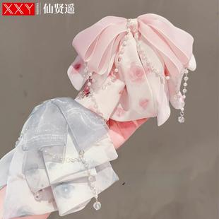 浪漫玫瑰印花网纱蝴蝶结发夹法式水晶珍珠马尾夹高级感小抓夹发卡