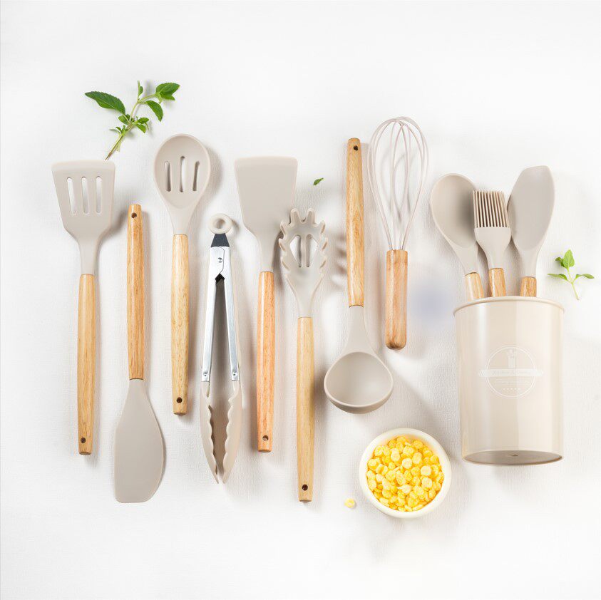 亚马逊爆款黑色卡其色收纳桶木柄硅胶厨具11件套厨房用具烹饪套装