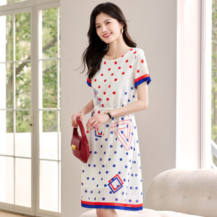 休闲圆领短袖 女装 显瘦雪纺连衣裙 圆点印花2025春夏热卖 KUBN时尚