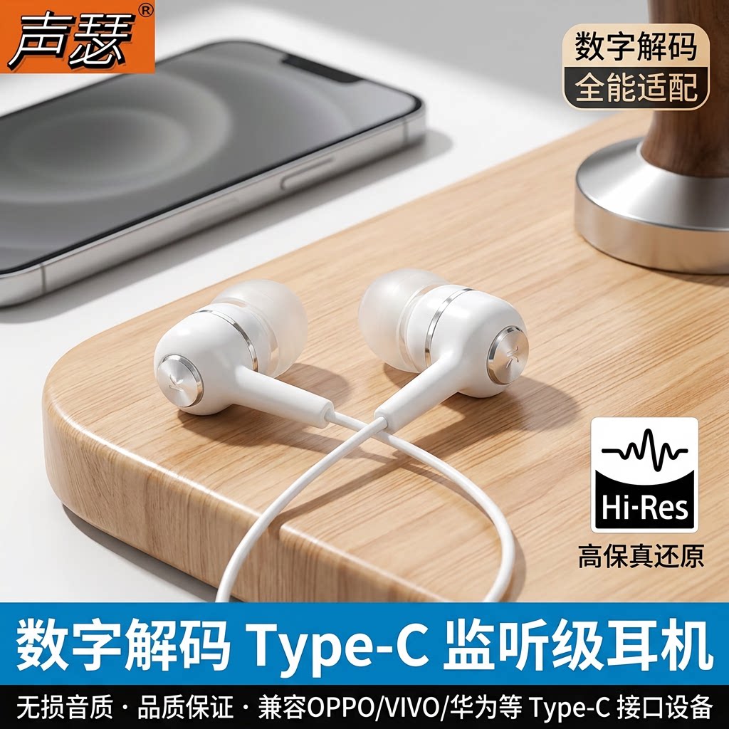 声瑟 原装耳机有线typec接口圆孔适用vivo苹果oppo入耳式iqoo华为