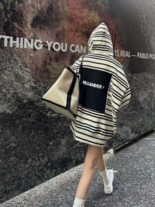 JIL连帽卫衣SANDER2023秋冬新品宽松显瘦百搭条纹开衫休闲外套女