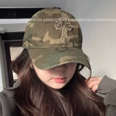困困鱼头 铆钉十字架迷彩刺绣软顶棒球帽个性 百搭街头潮流鸭舌帽