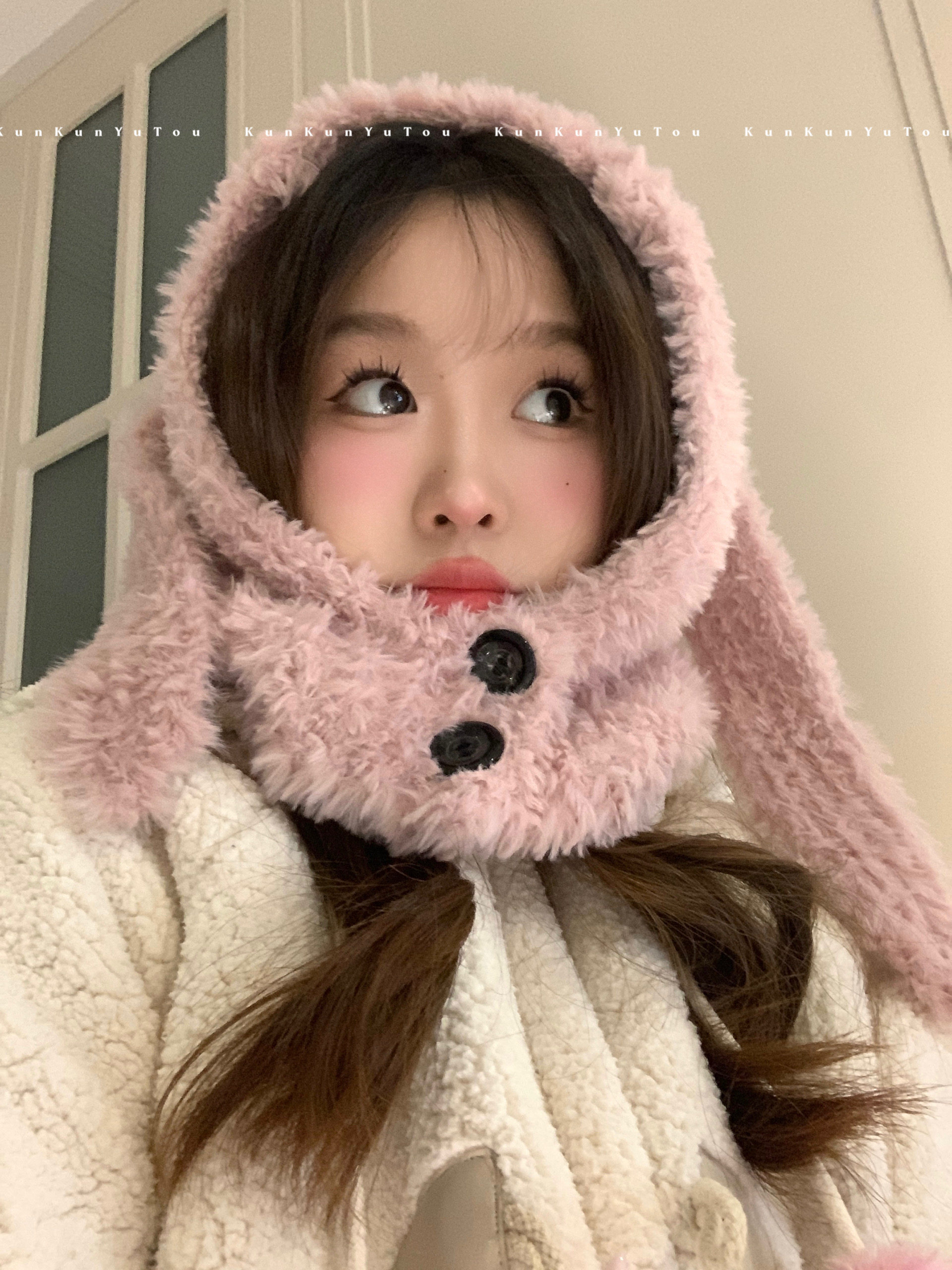 长耳朵小兔叽毛绒巴拉克拉法帽ins秋冬可爱软糯保暖护耳防风帽子