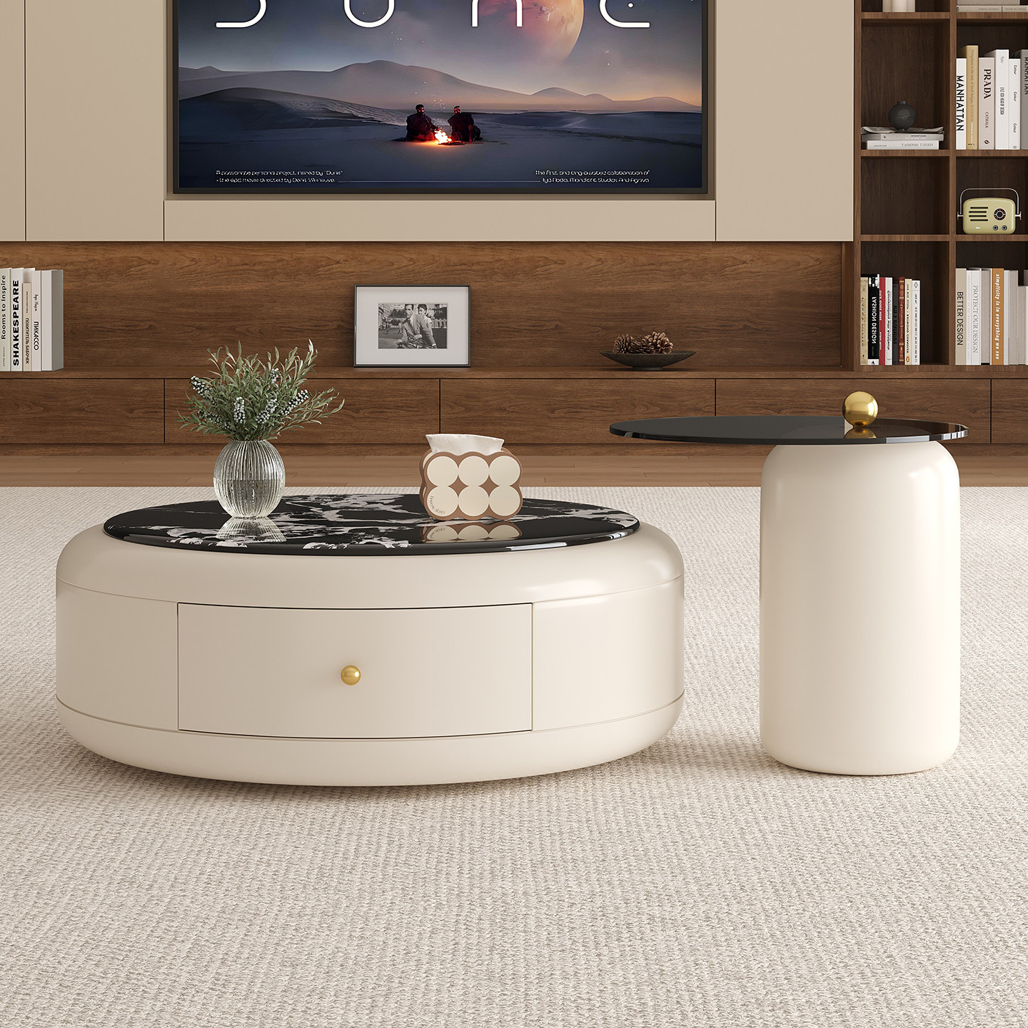 意式轻奢微晶石茶几组合客厅沙发家用包豪斯圆形实木现代简约中古