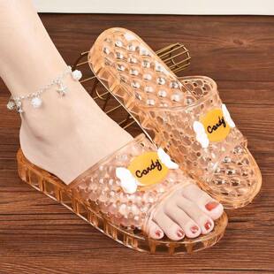 水晶拖鞋女款防滑公主透明平底浴室洗澡通用厚底沙滩凉拖鞋轻便款
