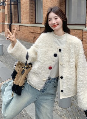 新款现货！秋冬糖果彩扣PU皮拼接羊羔毛加厚短外套D913-P210K298