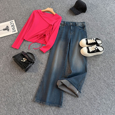 盐系穿搭休闲时尚套装女春款不规则斜肩抽绳长袖上衣牛仔裤两件套