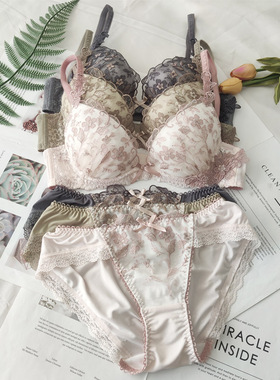 新款日系性感蕾丝花朵款内衣低鸡心后双排扣文胸套装BCDEF罩杯