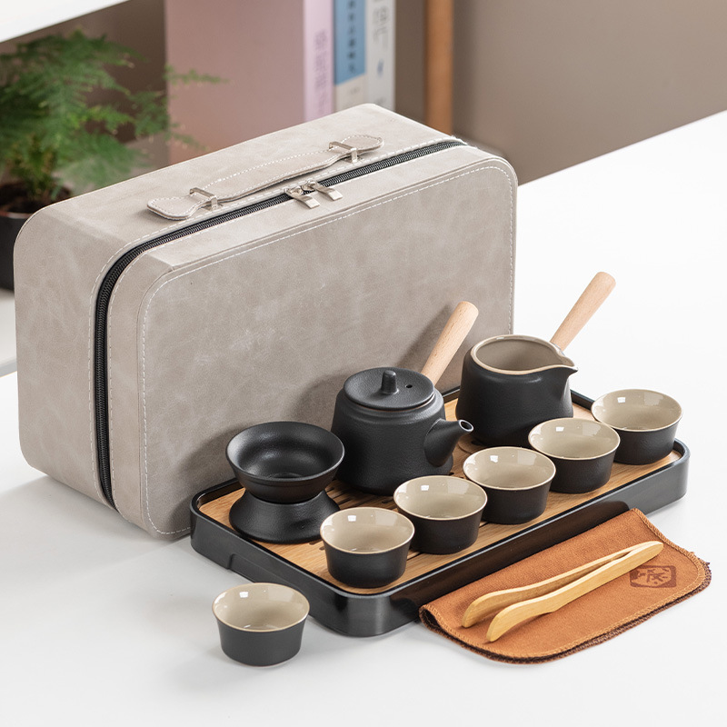 Black pottery tea set, portable and minimalist Japanese styl