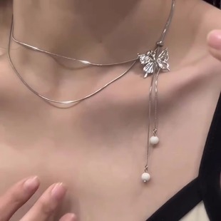 长款 清瑾珠银色蝴蝶抽拉式 项链女气质冷淡风小众轻奢高级感锁骨链