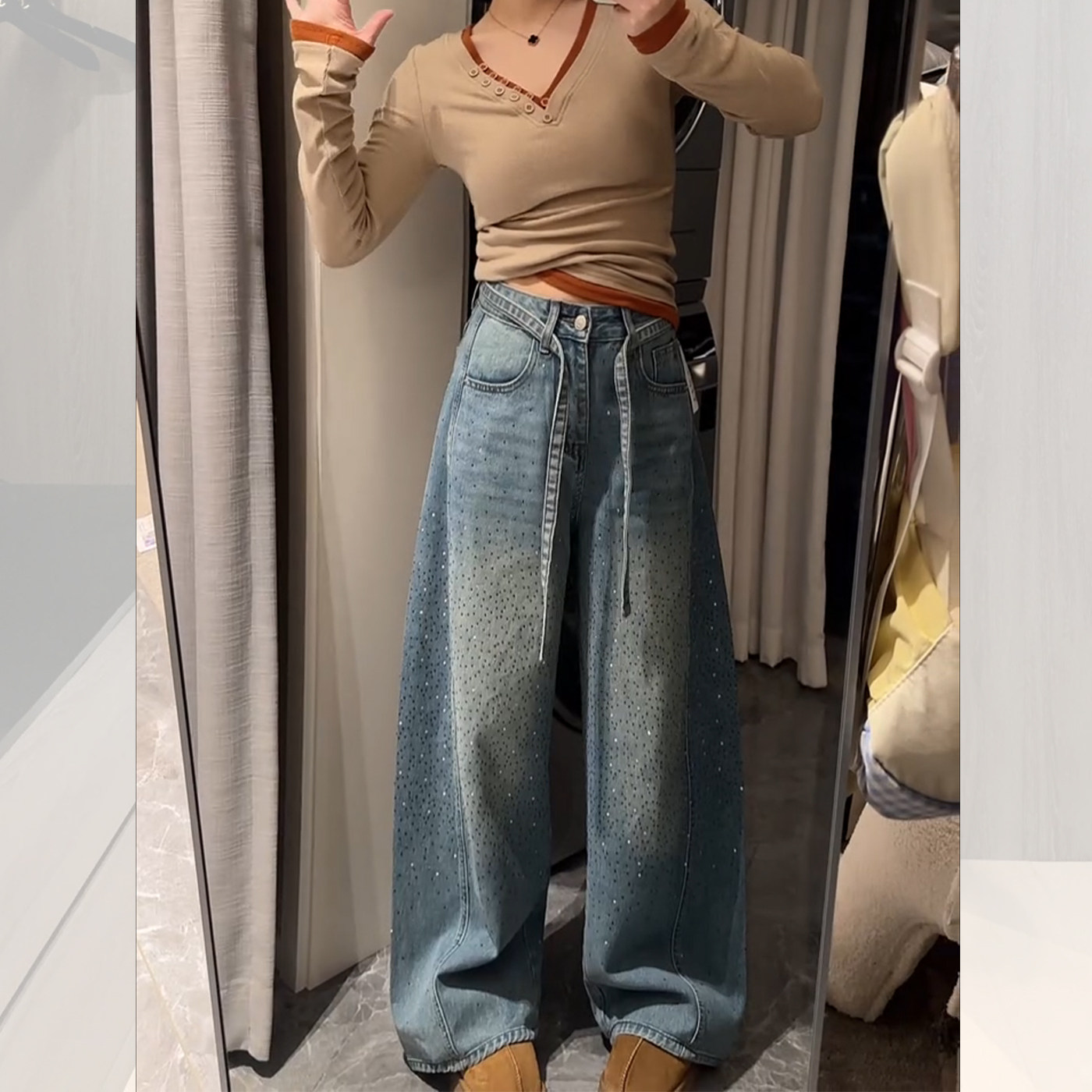 十三行重工烫钻爆闪牛仔裤女2026新款梨形身材遮胯显瘦高腰阔腿裤,女装/女士精品,牛仔裤,淘宝优惠券,粉丝福利购,淘宝优惠卷