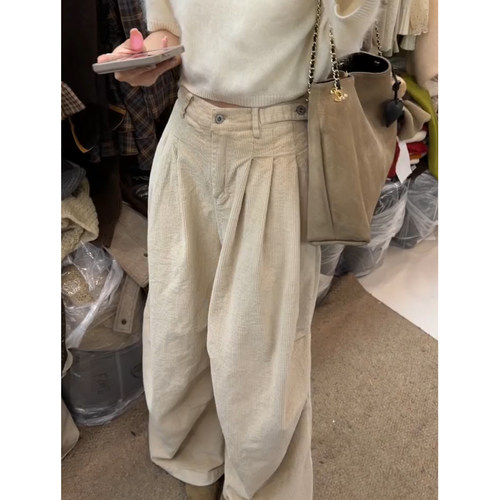 杏色慵懒风灯芯绒休闲裤女