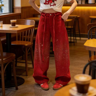 新年红重工烫钻牛仔裤女2026新款春季小众高级感超好看爆闪阔腿裤