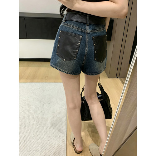 蓝色美式复古牛仔短裤女夏