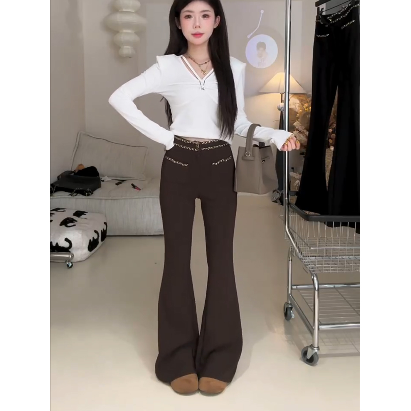 咖色韩系小香风微喇裤女