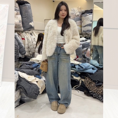 复古水洗加绒加厚阔腿牛仔裤女