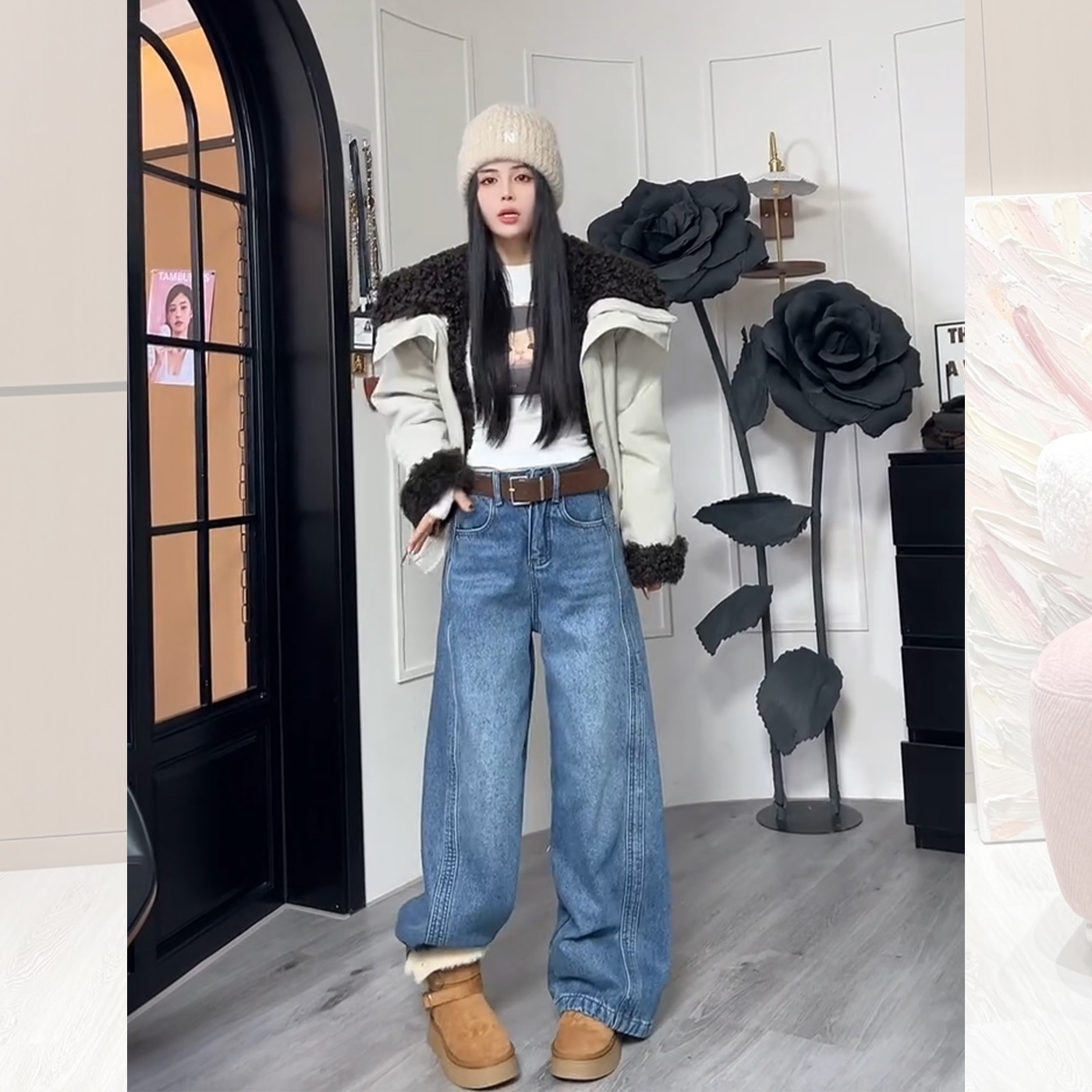 蓝色复古水洗加绒加厚牛仔裤女