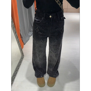 复古水洗高腰直筒牛仔裤女2025新款冬季刺绣提花加绒加厚阔腿裤子