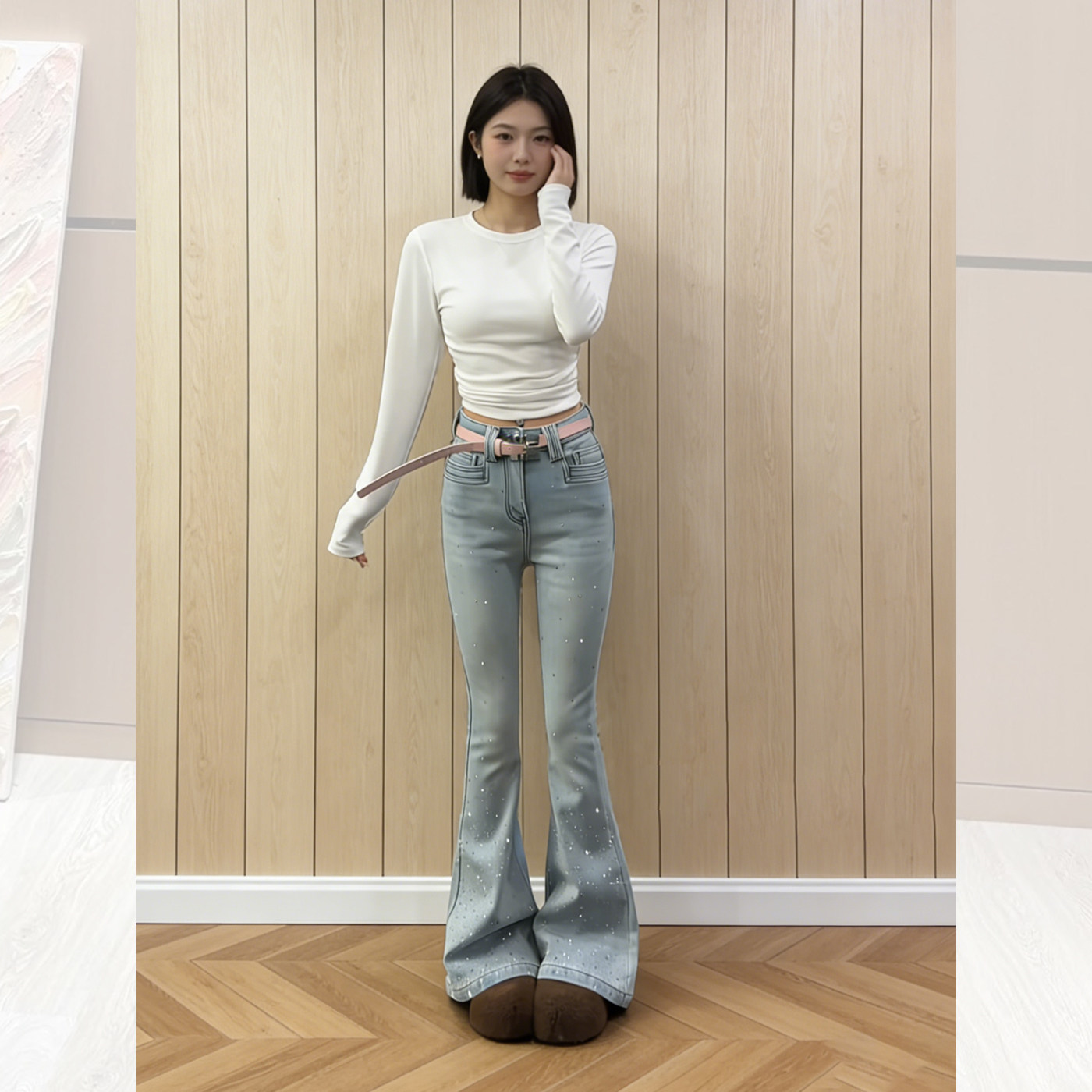 浅蓝色水洗烫钻微喇牛仔裤女2026新款春季小众设计感高个子拖地裤,女装/女士精品,大码裤装,淘宝优惠券,粉丝福利购,淘宝优惠卷