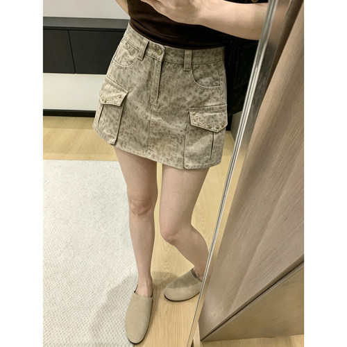 卡其色豹纹工装牛仔短裙女
