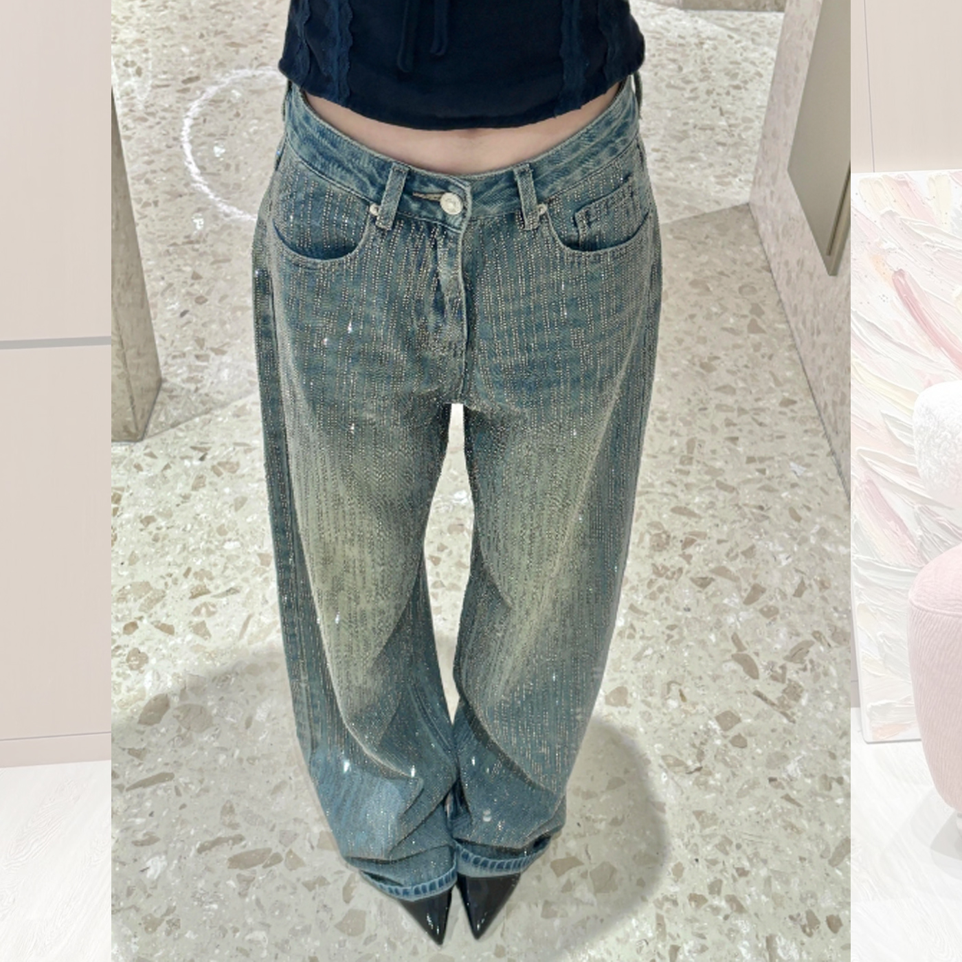 复古水洗重工烫钻牛仔裤女