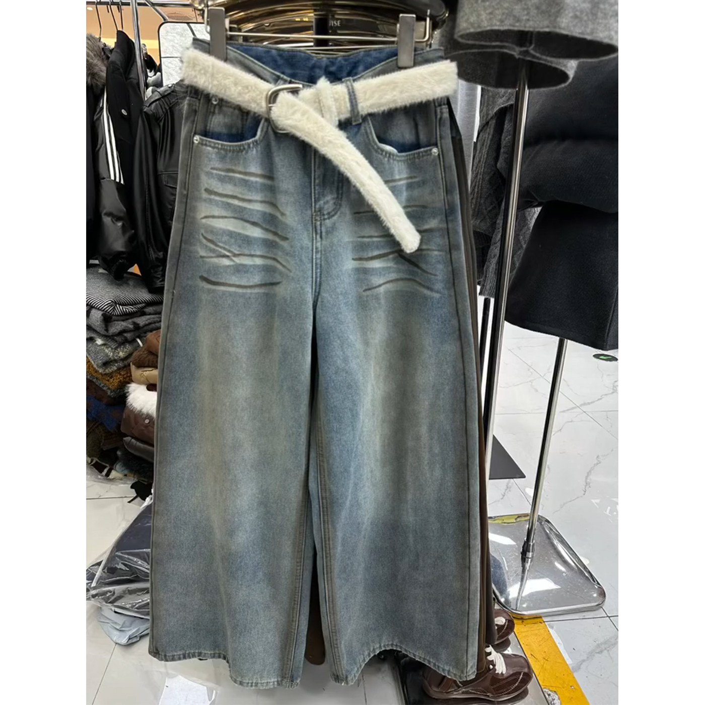 美式复古水洗做旧阔腿牛仔裤女