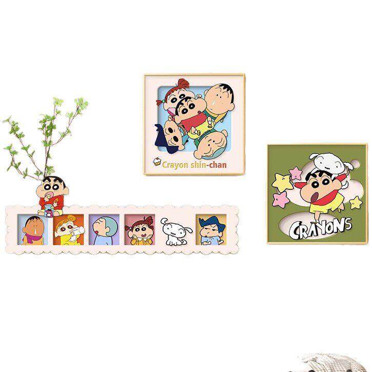 多巴胺客厅装饰画卡通蜡笔小新沙发空白墙挂画创意绿植儿童房墙画