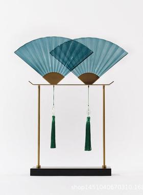 现代新中式翠绿玻璃扇形家居摆件新古典客厅电视柜酒柜禅意装饰品