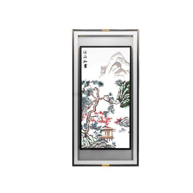 山水刺绣成品挂画入户玄关过道装饰画新中式端客厅竖版苏绣墙画