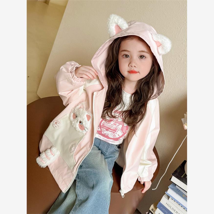 女童春秋外套女宝可爱猫咪口袋猫耳朵连帽风衣小女孩秋装上衣夹克