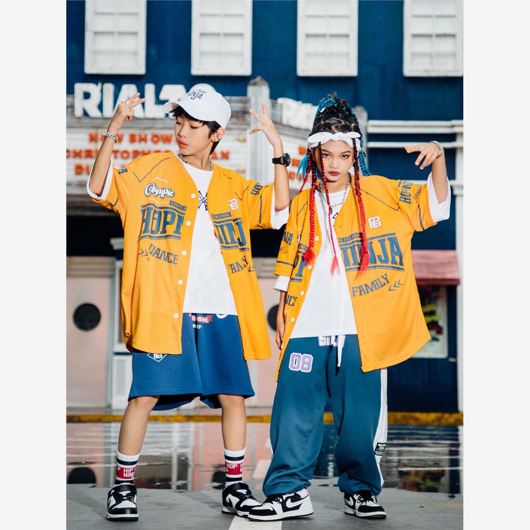 儿童夏季儿童嘻哈嘻哈套装男孩宽松t恤棒球衫短袖表演儿童时尚服